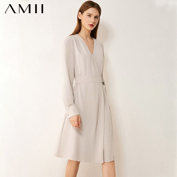 

amii minimalism autumn womens dress fashion olstyle vneck high waist dresses for women knee-length female dress 12021299, Black;gray