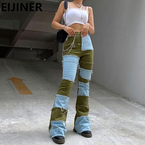 

patchwork panelled denim flared pants skinny stacked jeans women 2021 spring fashion high waist vintage streetwear green trouser women', Blue