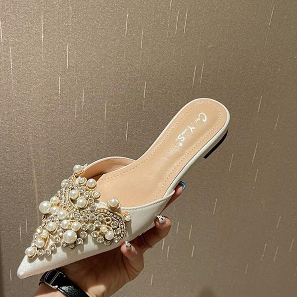 

women shoes string bead rhinestones slides female rubber slippers ladies flip flop pointed toe summer footwear, Black