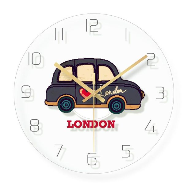 Orologi da parete 1 Pz Inghilterra Taxi Orologio Design moderno Cartone animato Orologio in vetro Decorazione soggiorno Regalo speciale 3D