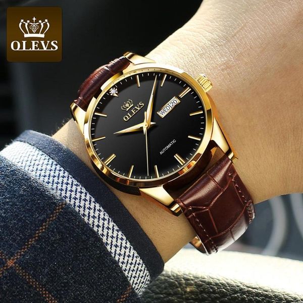 

men's watches classic mechanical leather watch men luxury automatic business waterproof clock man 6629 wristwatches, Slivery;brown