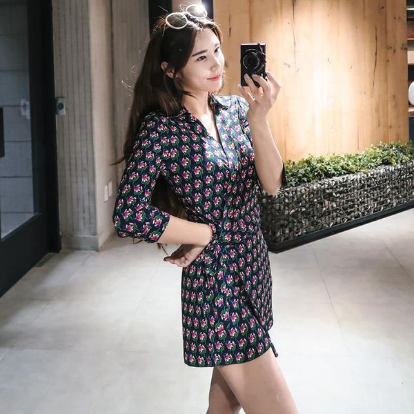 

casual dresses 2021 summer the floral wrap v-neck high waist slimming temperament dress, Black;gray