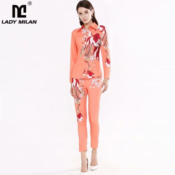 

two piece dress lady milan women's runway twinsets turn down bow collar long sleeves shirt with floral printed pants pant set suit, White