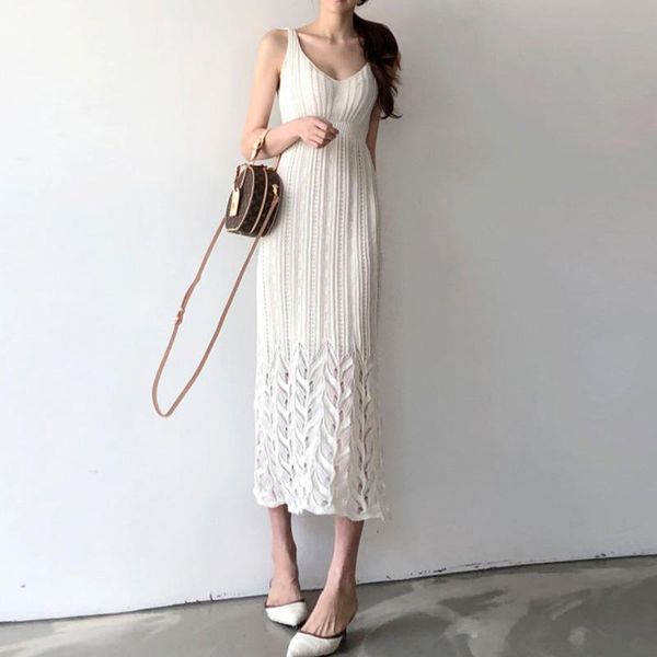 

long knitted one piece korea for women summer sleeveless v neck sling cotton fashion ladies sweater party dresses casual, Black;gray