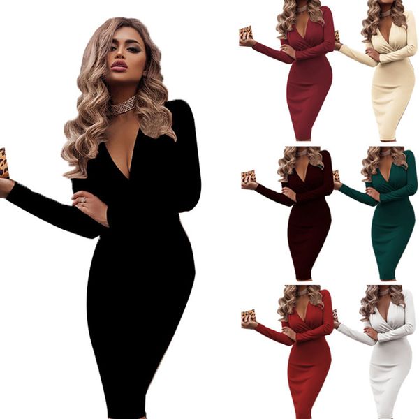 

deep v-neck pleated apricot dress women spring autumn casual long sleeve bodycon dress female nightclub party red dresses 210414, Black;gray