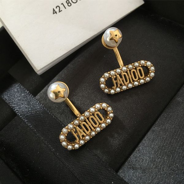 

earrings cuff stud s925 silver needle d family rectangular personalized design inlaid with diamond pearl five pointed star letter female, Golden