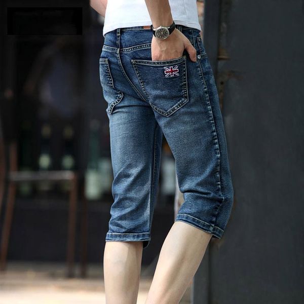 

men's jeans summer 2021 fashion thin feet cropped pants men embroidery hip hop teenagers breeches slim stretch denim calf length, Blue