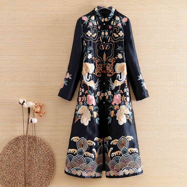 

leather embro mill elegant lady high-end outerwear autumn embroidery retro women vintage plus size trench coat female m-xxxl, Black