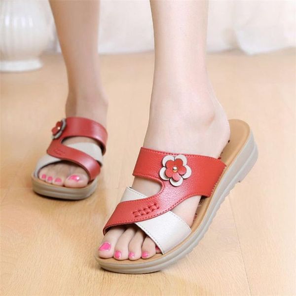 

summer mother shoes wedged slippers flowers plus size 42 43 flat soft bottom sandals female, Black