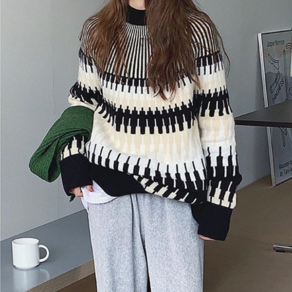 

women's sweaters chrostmas chic retro tree print loose oversize sweater lazy style knitted outwear outgoing winter thicken knitwear, White;black