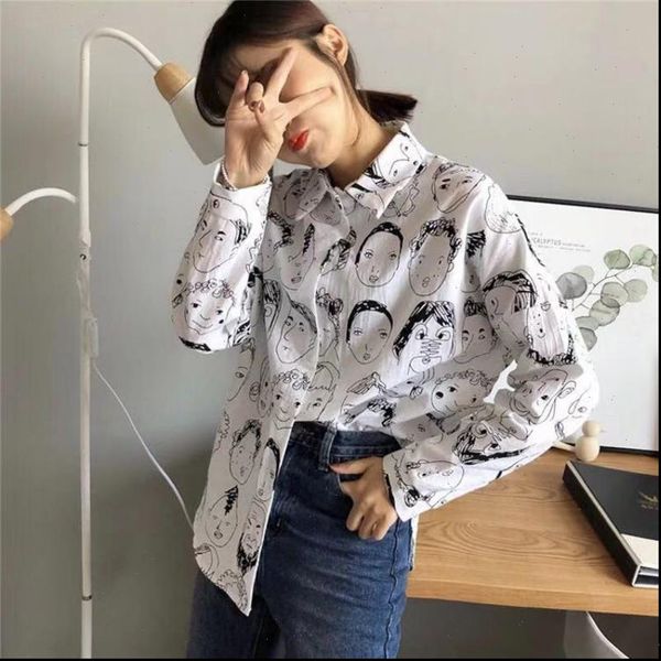 

women shirt summer blouse female cotton face printed full sleeve long shirts vintage ladies clothing spring white