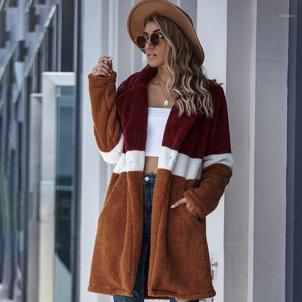 

autumn and winter women's long stitched coat plush korean hit color camel teddy sacos de mujer vestir abrigo wool & blends, Black