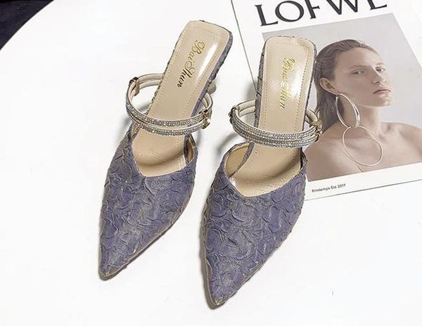 

slippers mature baotou women's pure color simple and wild two-wear rhinestone decoration elegant with heel 2021, Black