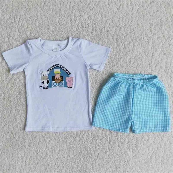 

wholesale children boutique summer outfit white short sleeve cow embroidery shirt cow print shorts baby girl boy kids sets