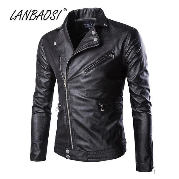 

men's fur & faux lanbaos leather jacket coat fashion motorcycle jackets slim fit turn-down collar zipper jaqueta de couro, Black