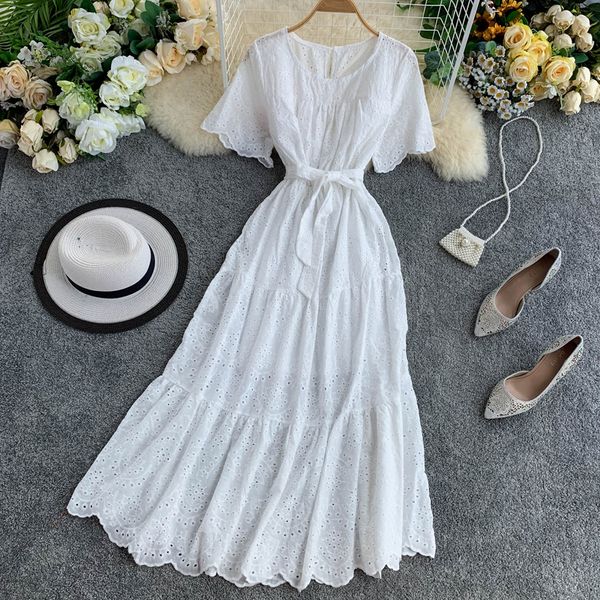 

er fairy sweet hollow embroidery o-neck short sleeve waist lace -up dress, Black;gray