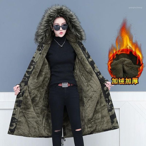 

women's down & parkas 2021 winter camouflage cotton coat female mid-length zipper pocket plus velvet thick hooded mujer e361, Black