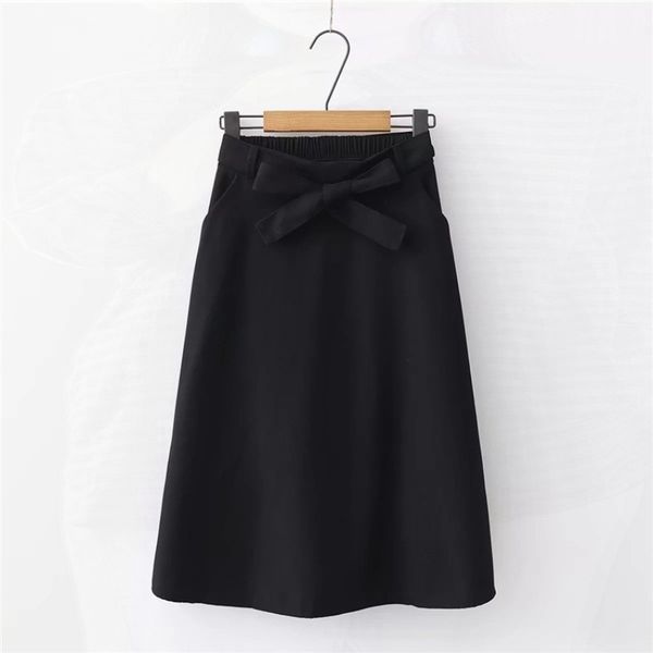 

elegant women skirt high waist pleated knee length skirt vintage a line big bow skirts 210527, Black