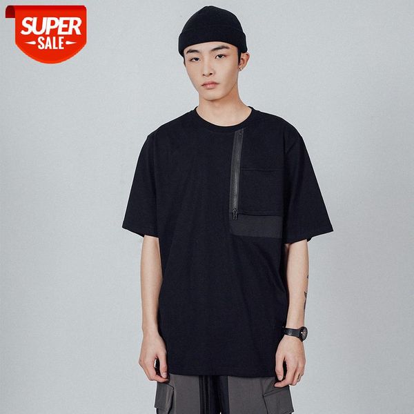 

zipper stitching solid color short-sleeved t-shirt men's wind loose round neck half sleeve #8z5b, White;black