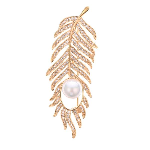 

pins, brooches clear cz crystal feather brooch pearl rose gold women engagement wedding gift sweater fashion jewelry accessories 2021, Gray