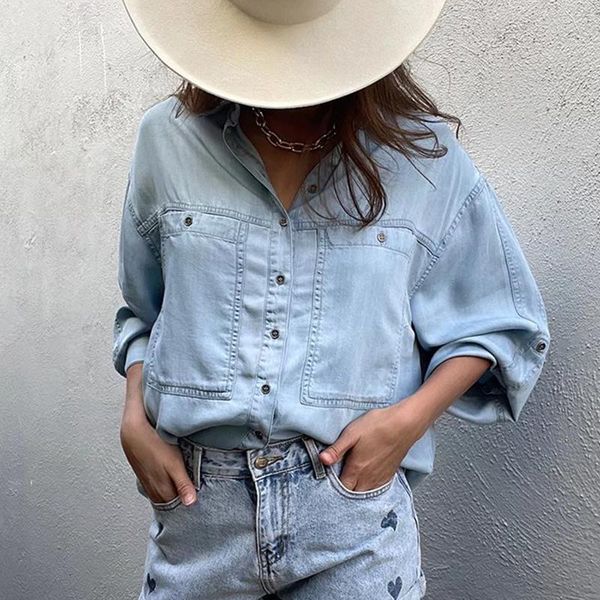 

women's jackets women light blue denim shirt jacket vintage oversize big double pockets long sleeve streetwear coat female autumn outer, Black;brown