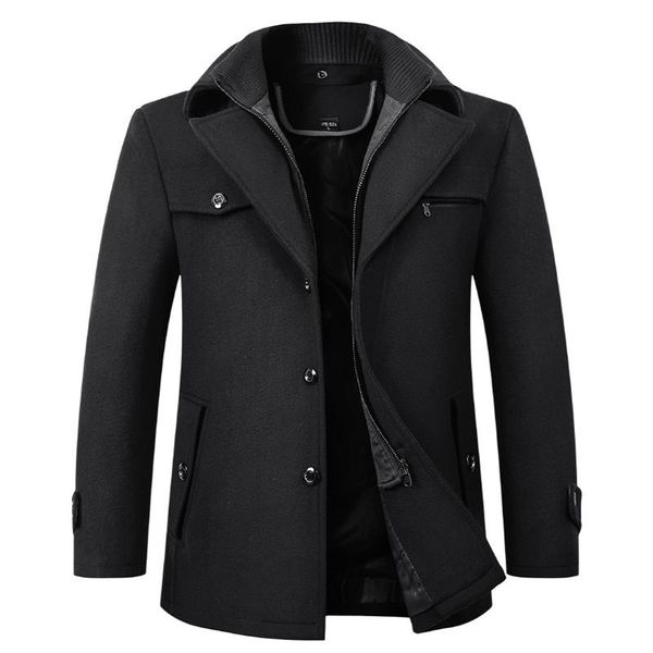 

british style mens woolen coat winter thick overcoats casual long men wool blends coats solid color windbreaker jacket male men's &, Black