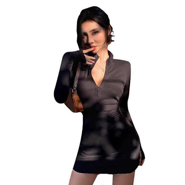

casual dresses stretch slim ribbed knitted turtleneck dress woman autumn winter solid black fashion bodycon zip for year 2021, Black;gray