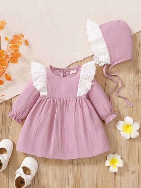 

baby eyelet embroidered ruffle trim flounce sleeve dress & hat she, Red;yellow
