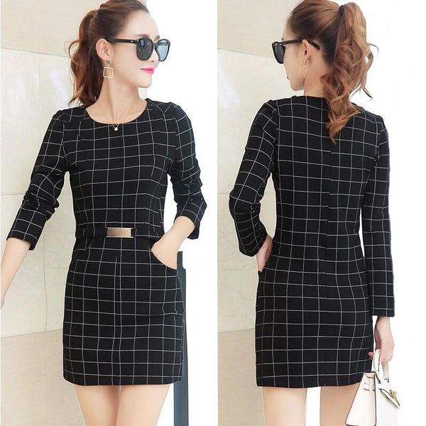 

casual dresses women long-sleeved dress slim plaid elegant lady female sundress plus-sized, Black;gray