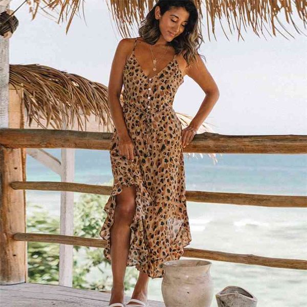 V шейный леопардовый точка печати летнее длинное платье солнца женщины сексуальные повязки пляжа Maxi Boho элегантное платье халат 210427