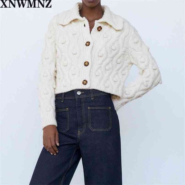 

women fashion pompoms cropped knitted cardigan sweater vintage long sleeve button-up female outerwear chic tos 210520, White