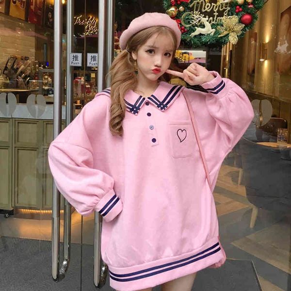 

japanese harajuku women school uniform sailor collar white blue pink oversized pullover embroidery fleece autumn warm outerwear 210524, Black