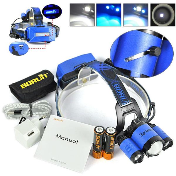 

plus b22 rechargeable zoom xm-l2+2x xpe blue led hunting headlamp micro usb headlight torch portable lanterns