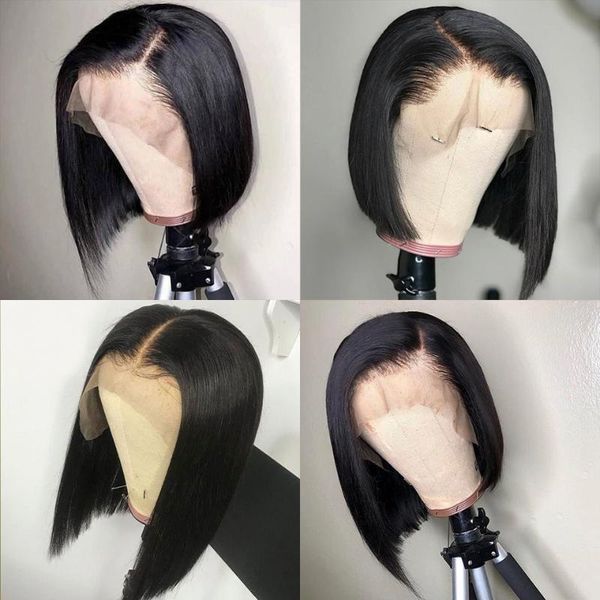 

lace wigs bob frontal for women short human hair natural color brazilian straight front 13x1 t part 150%, Black;brown