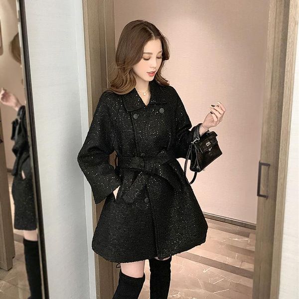 

women's wool & blends winter sequined black woolen coat llace-up waist mid-length loose female s-2xl