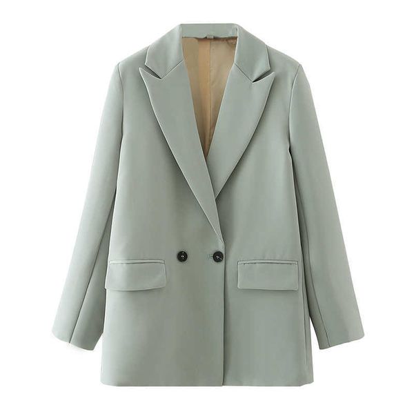 Tangada Donna Blazer verde chiaro Cappotto Vintage Colletto dentellato Tasca Moda femminile Casual Chic Top DA02 210609