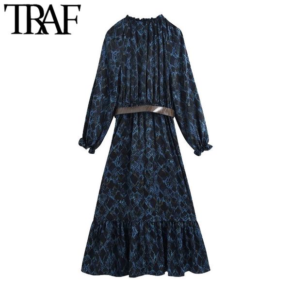 

traf women chic fashion with belt printed ruffled midi dress vintage tied v neck long sleeve female dresses vestidos 210415, Black;gray
