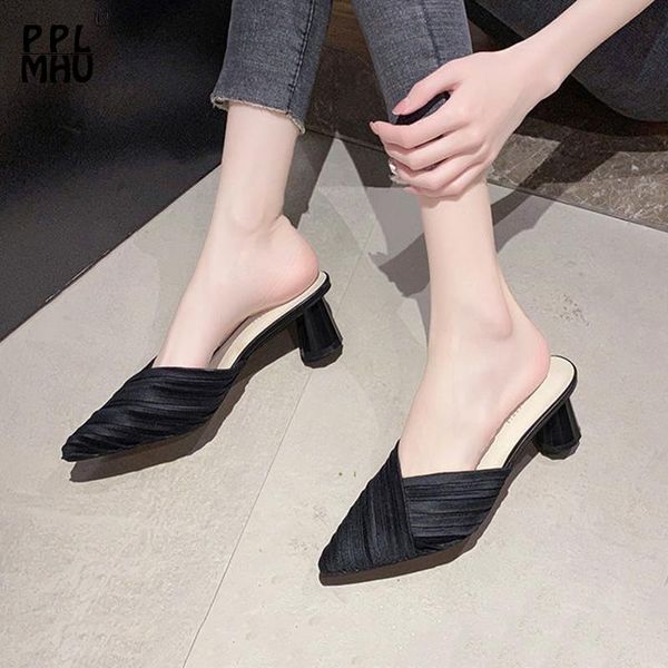 

slippers designer high heel women sandals 2021 summer fashion buckle strap pointed toe slip-on mules black casual party shoes