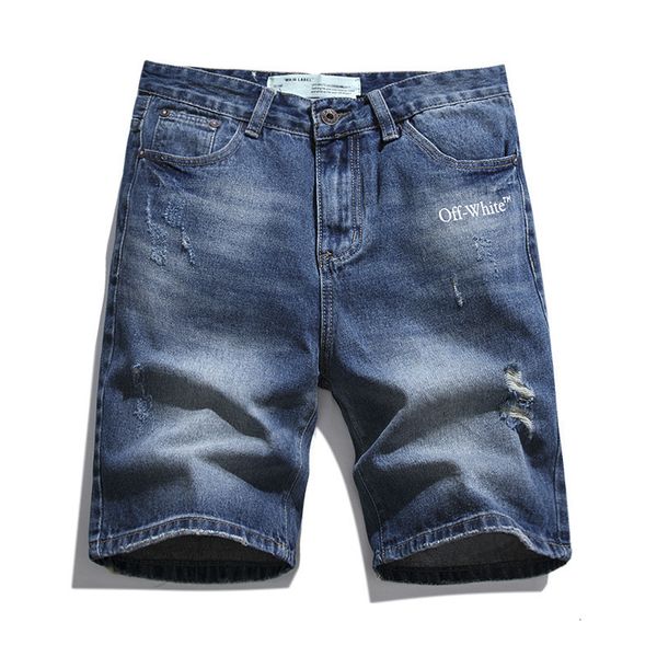 

Summer New Men's 20ssow Fashion Brand Letter Virgin Arrow Wear Out Denim Shorts, Blue