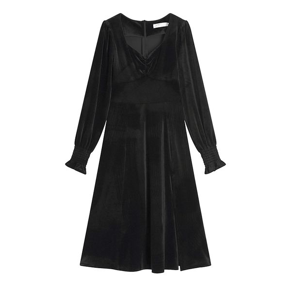 

woman elegant black velvet v neck long sleeve knee length dress a-line solid chic vintage d2044 210514, Black;gray