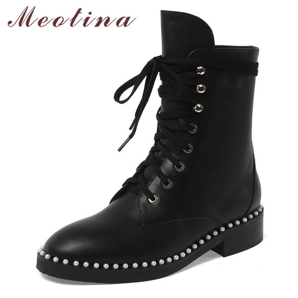 

winter ankle boots women natural genuine leather thick heel short lace up round toe shoes female autumn size 34-39 210517, Black