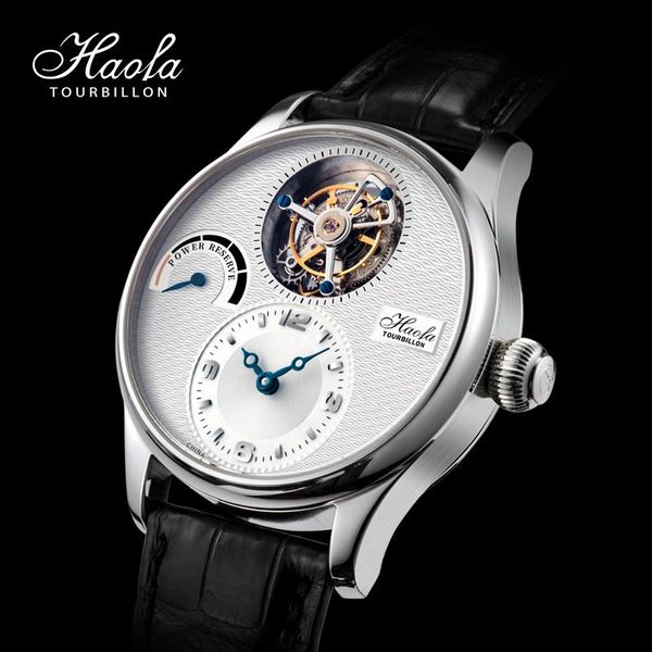 

wristwatches haofa men's luxury skeleton tourbillon watch men sapphire mechanical seagull movement wrist watches power reserve 60h, Slivery;brown