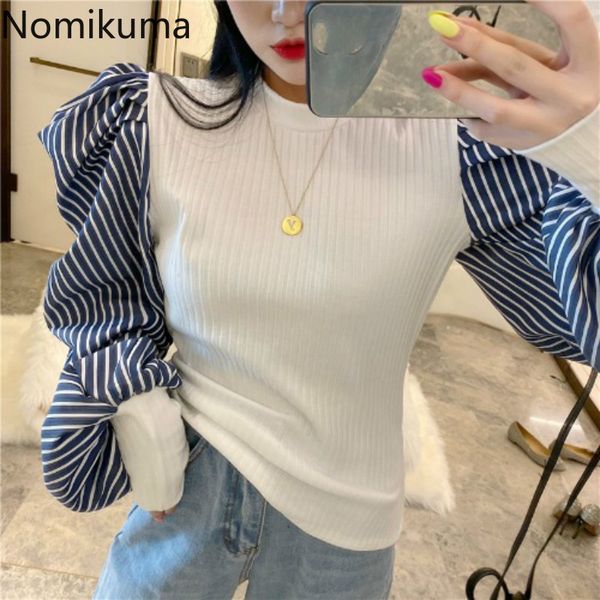 

nomikuma korean fake two pieces women blouse striped puff long sleeve patchwork shirt causal o-neck pullover slim 6c920 210427, White