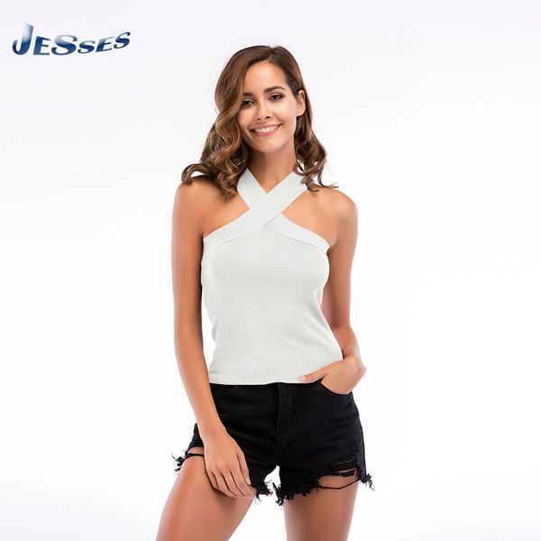 

women's t-shirt bottoming t shirts women summer cross hanging neck collar solid color knit off-shoulder slim outwear for ladies, White