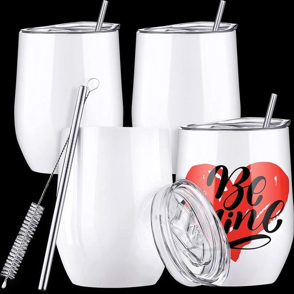 

12oz sublimation blank wine tumbler cup heat transfer double wall insulated tumblers with stainless steel straw lid white new