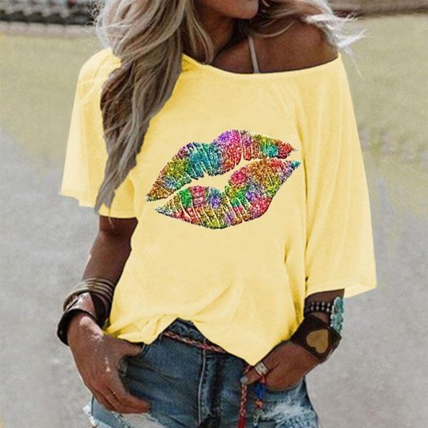 

women's t-shirt 40# women lip print one shoulder tshirts round neck five-quarter sleeve casual t-shirts streetwear summer clothing, White