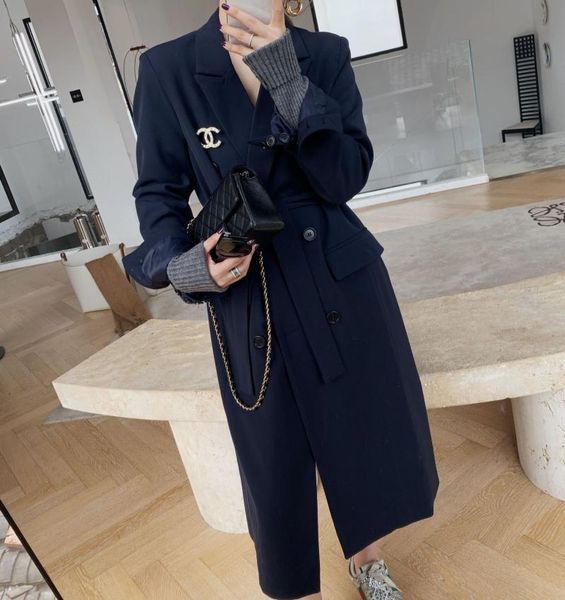 

women's simple double row button long suit collar windbreaker h-type coat in autumn 2021 trench coats, Tan;black