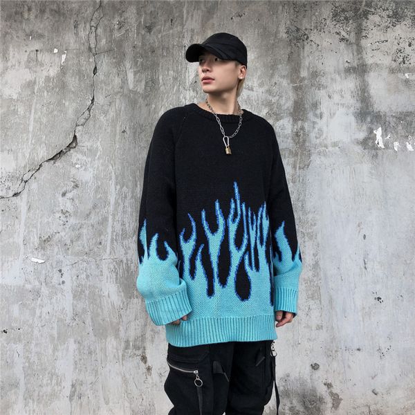 

sweater knit guochao color contrast flame jacquard t shirt men's fashion hip hop crew neck pullover, White;black