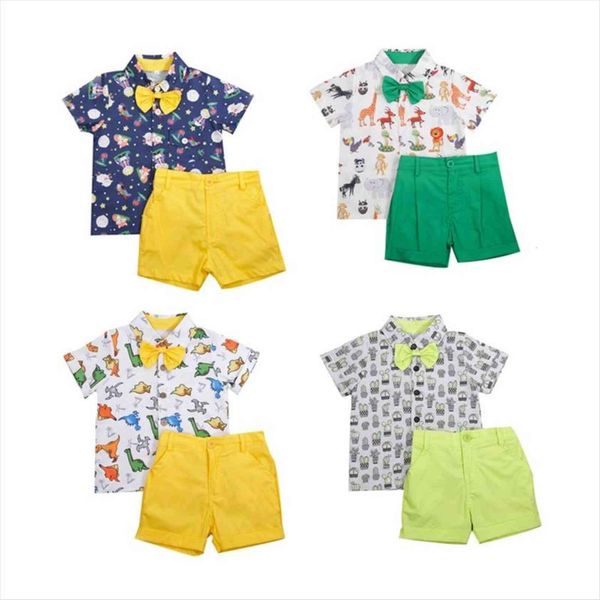 

summer 2 6years kids boys outfits fashion casual cute print short sleeve bow tie shirt shorts suit gentleman set, White