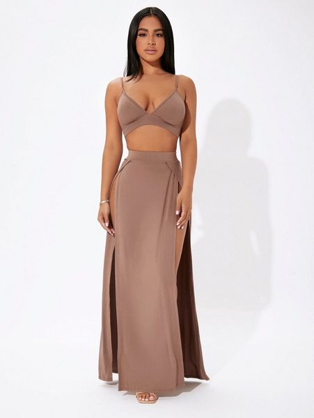 

petite solid cami crop & split thigh skirt set 93cz#, White